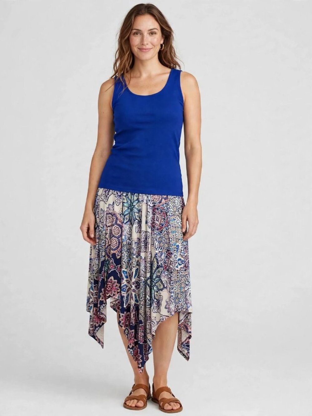 Chico's outfit Asymmetrical Handkerchief Hem Skirt - Blue  tank top